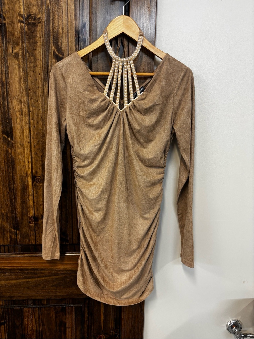 VENUS Brown Long-Sleeve Ruched Dress with Rhinestone Halter Detail